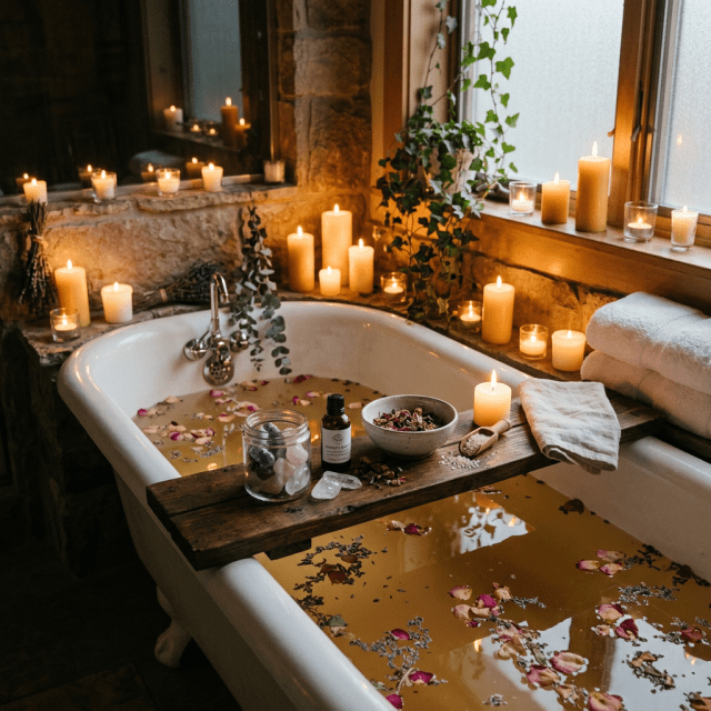 Bathtub filled with water, flower petals, candles, and spa accessories