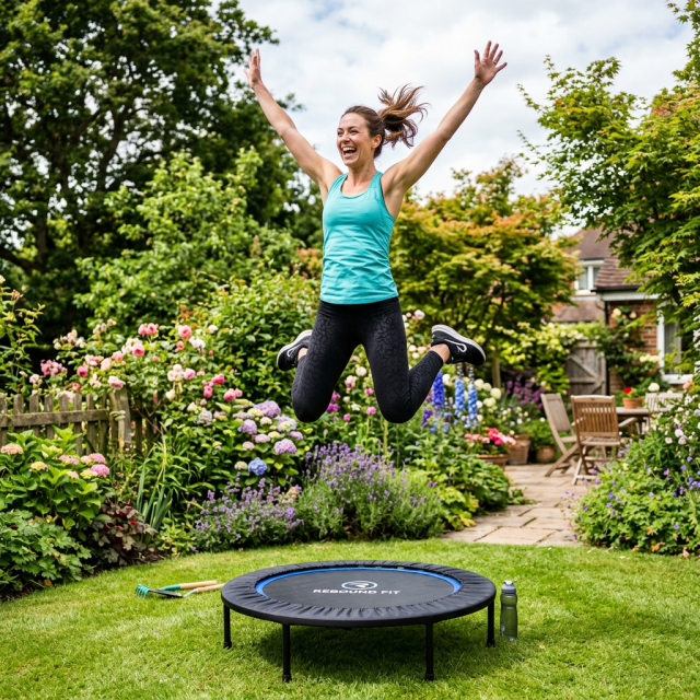Woman jumping on a trampoline in a colorful garden