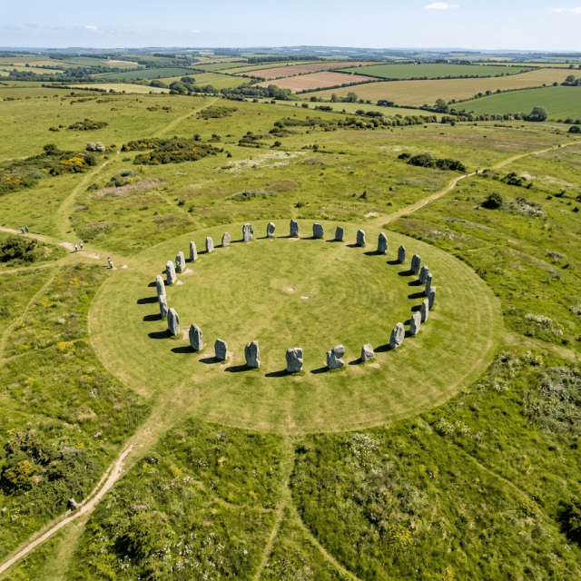 Prehistoric stone circle of standing stones in a grassy landscape