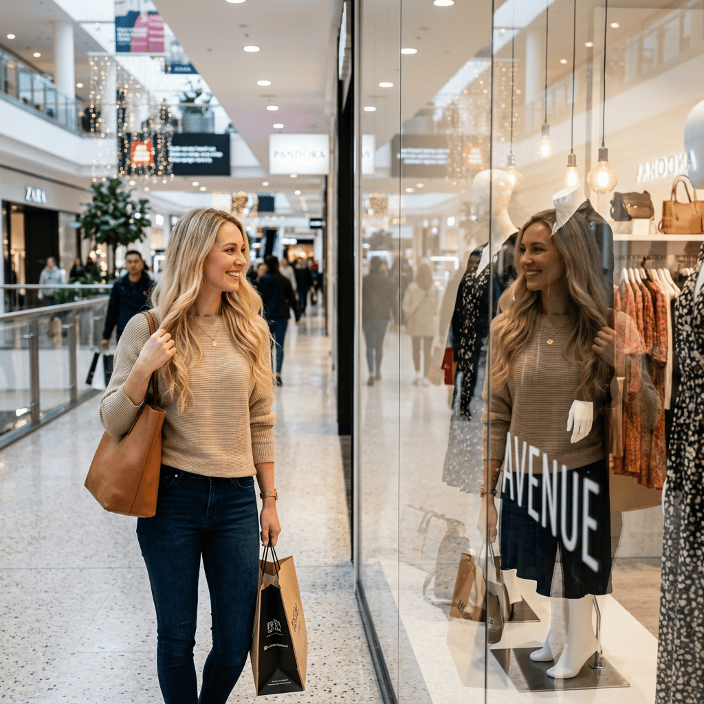 Woman carrying shopping bags beside a fashion store window